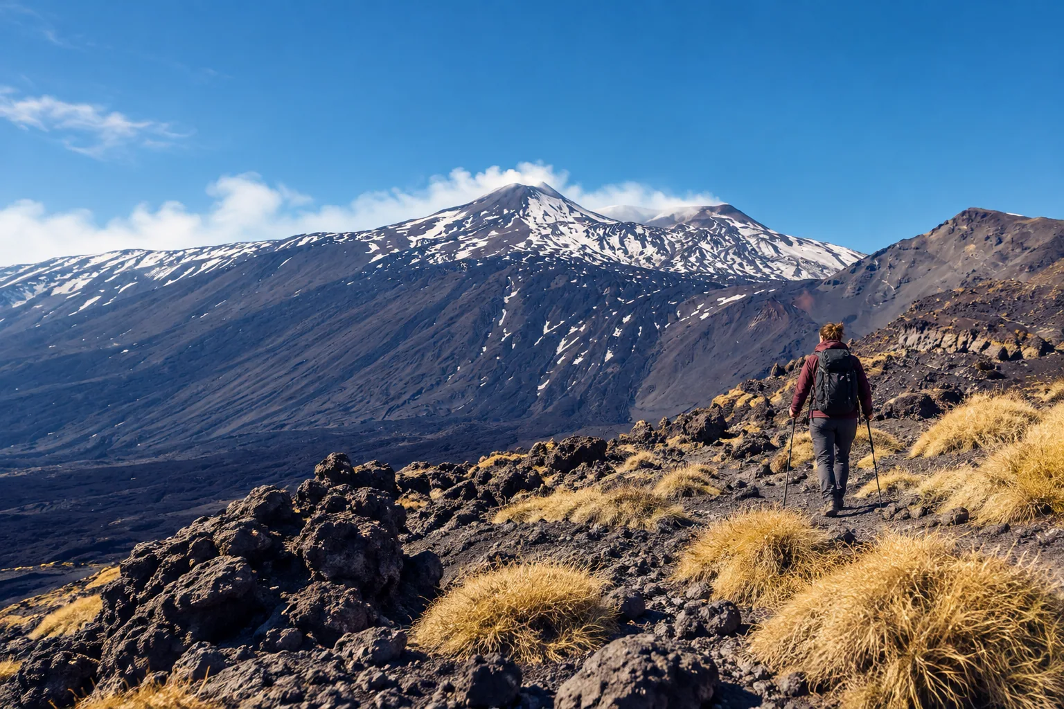 Mount Etna’s snow-streaked summit above black lava fields and tufts of dry grass