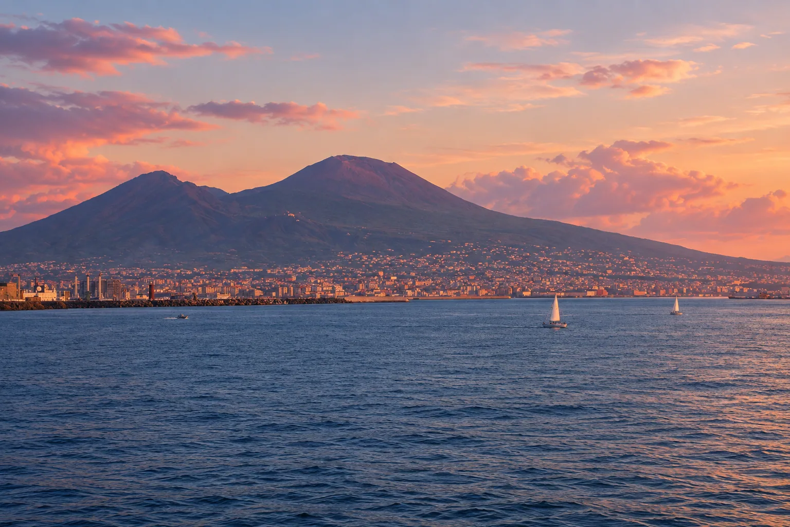 Vesuvius and Monte Somma across the Bay of Naples at dusk