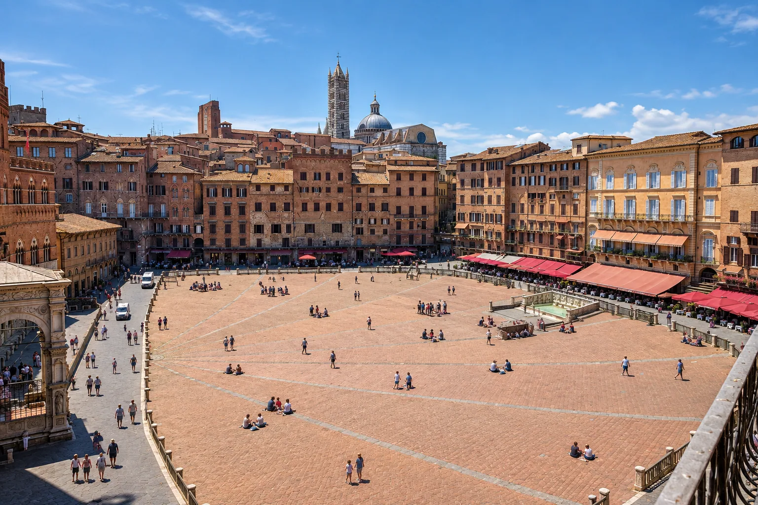The shell-shaped Piazza del Campo in Siena seen from above with the cathedral tower on the skyline