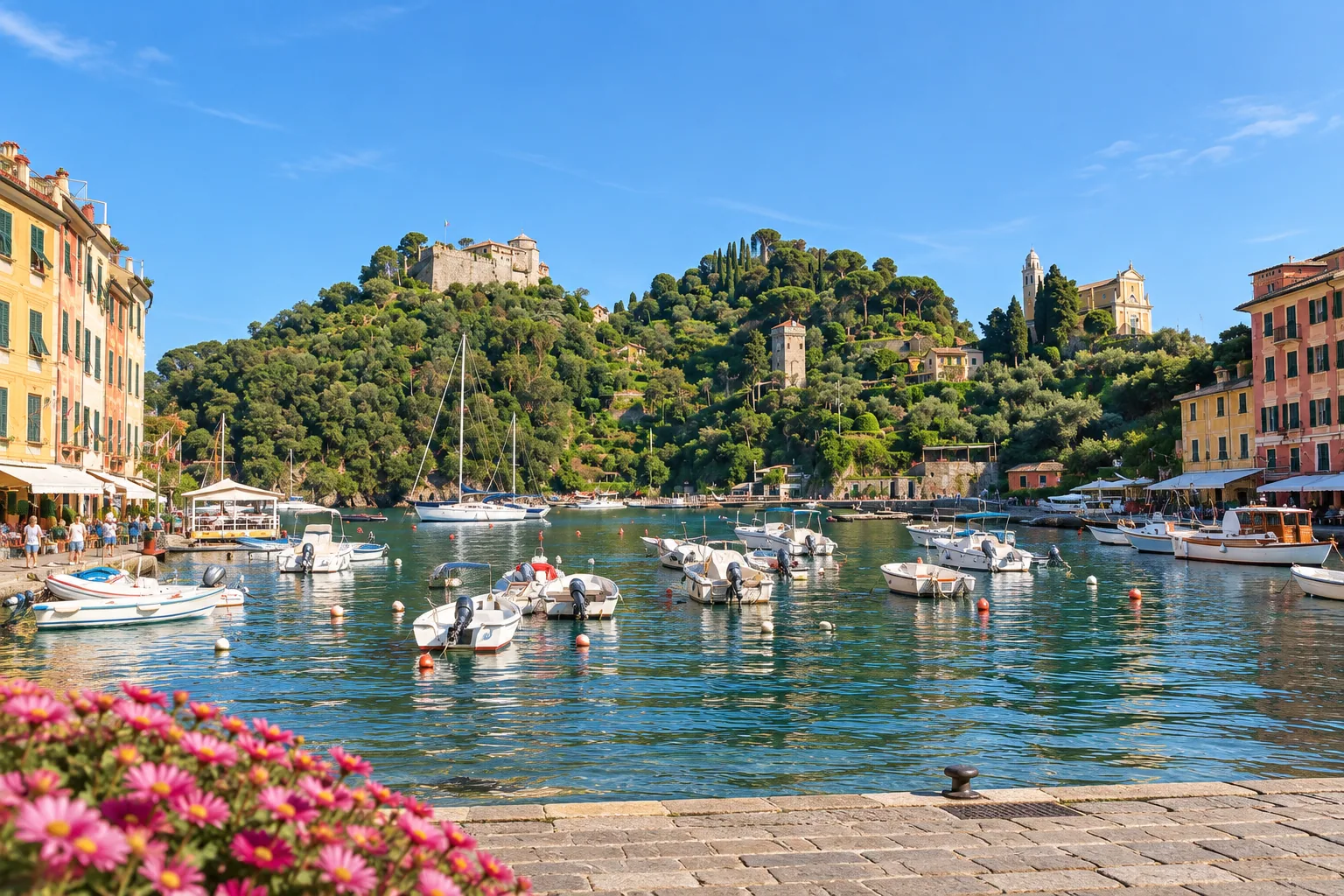 The half-moon harbor of Portofino with small boats, pastel houses and Castello Brown on the hill