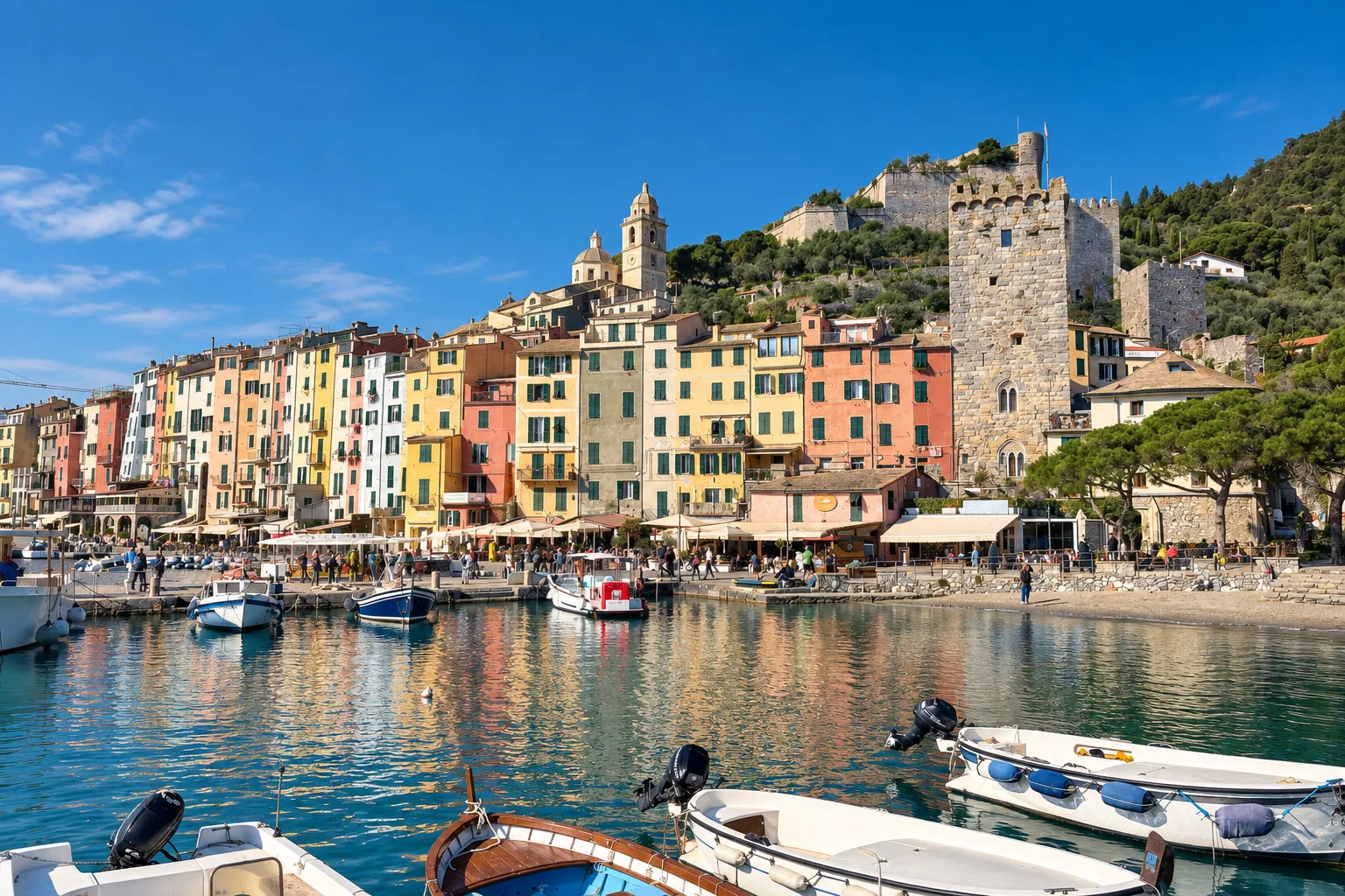 The colourful waterfront houses of Portovenere with Doria Castle on the ridge above