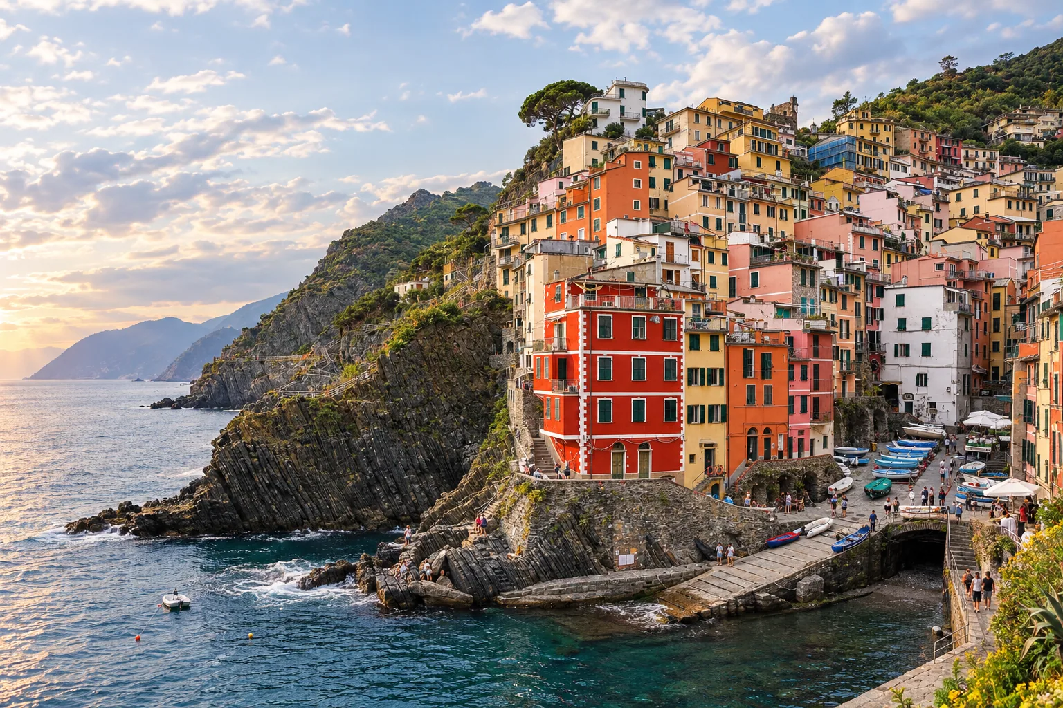 Riomaggiore's colorful houses above its rocky harbor and boat slipway