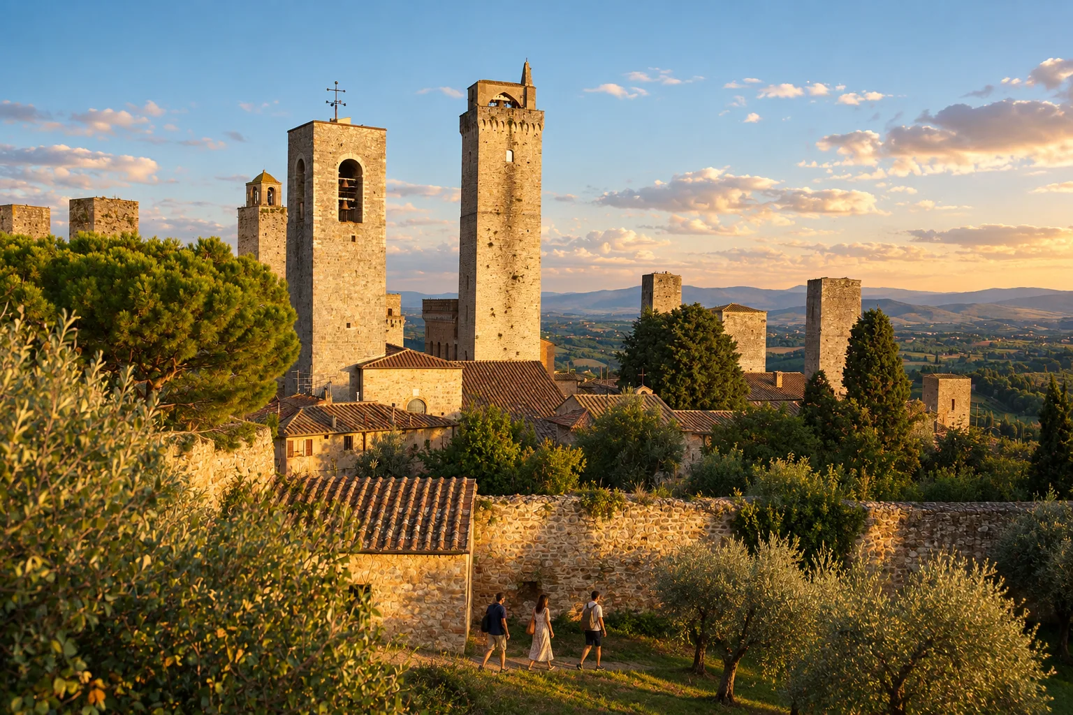 The medieval towers of San Gimignano rising over terracotta roofs at golden hour