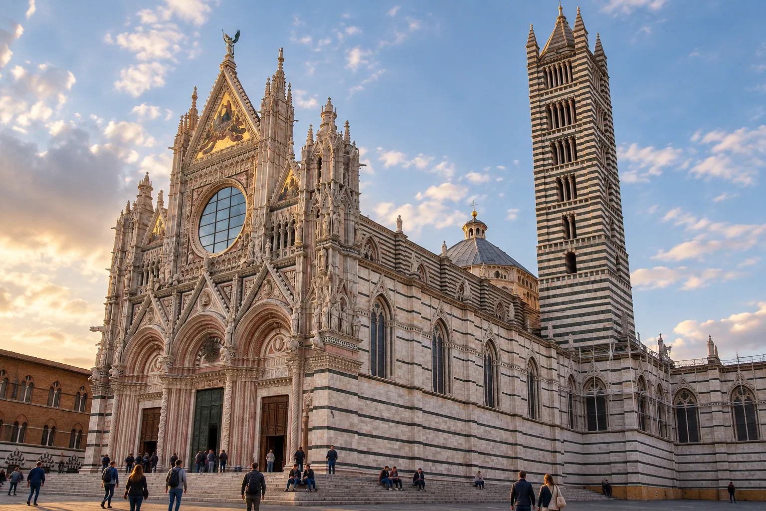 The striped marble facade and bell tower of Siena Cathedral