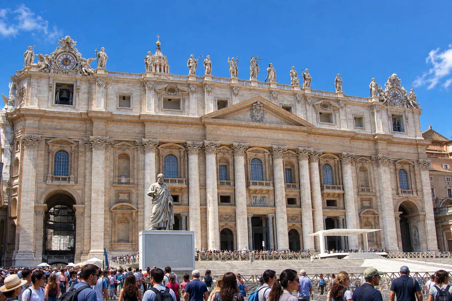 The travertine facade of St. Peter’s Basilica with its colossal statues and a crowd in the square