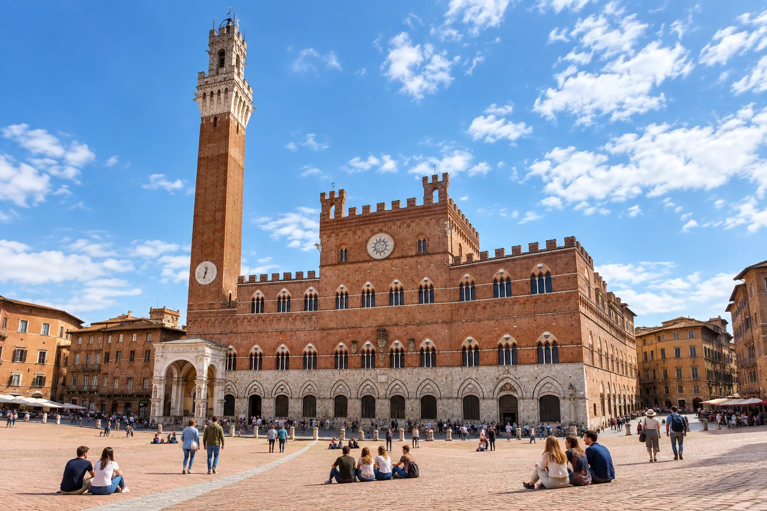 Torre del Mangia rising above Palazzo Pubblico and the brick-paved Piazza del Campo in Siena