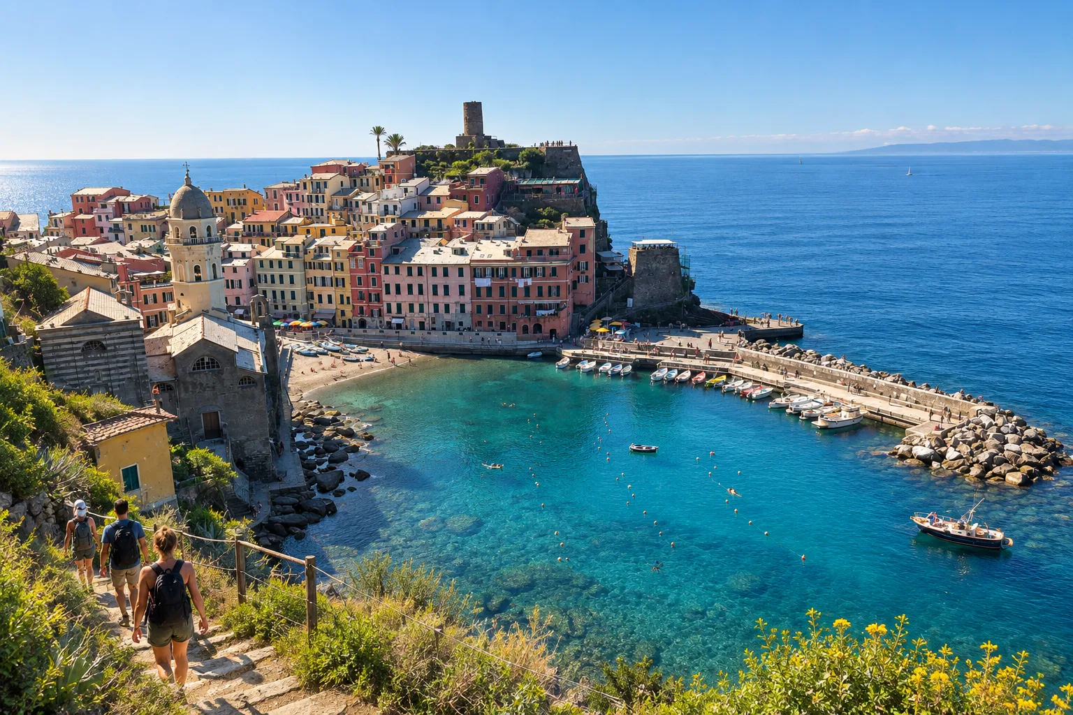Vernazza’s harbor seen from the coastal path, with the church tower and the Doria tower on the headland