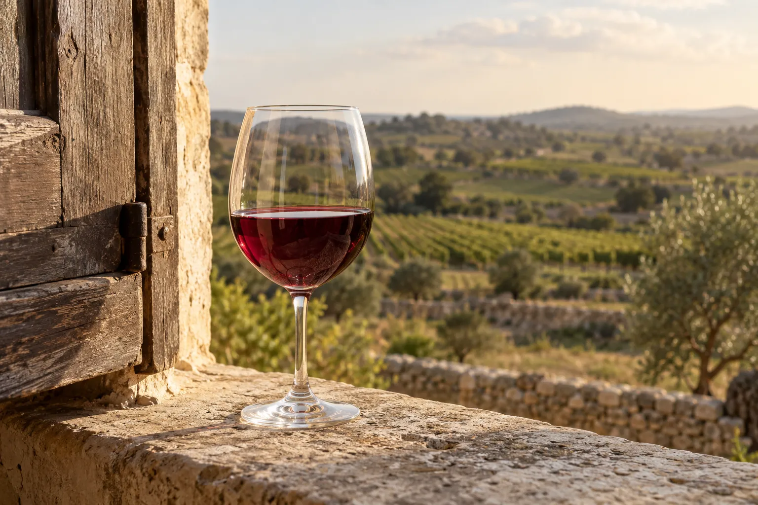 Un calice di vino rosso rubino su un tavolo di legno consumato accanto a una persiana verde, con colline basse sullo sfondo.