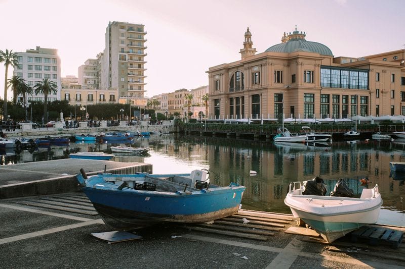 Boats before the Teatro Margherita on Bari's old port