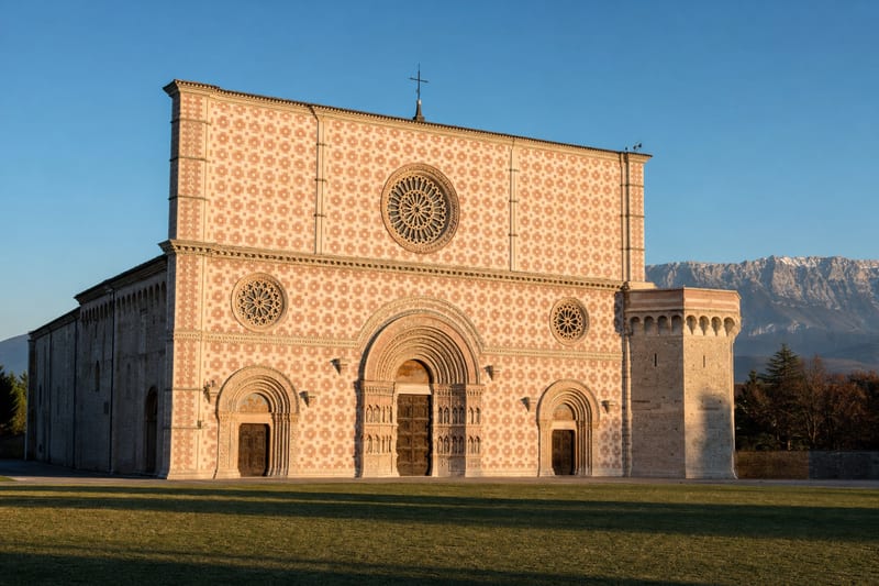 The checkerboard facade of Collemaggio, L'Aquila