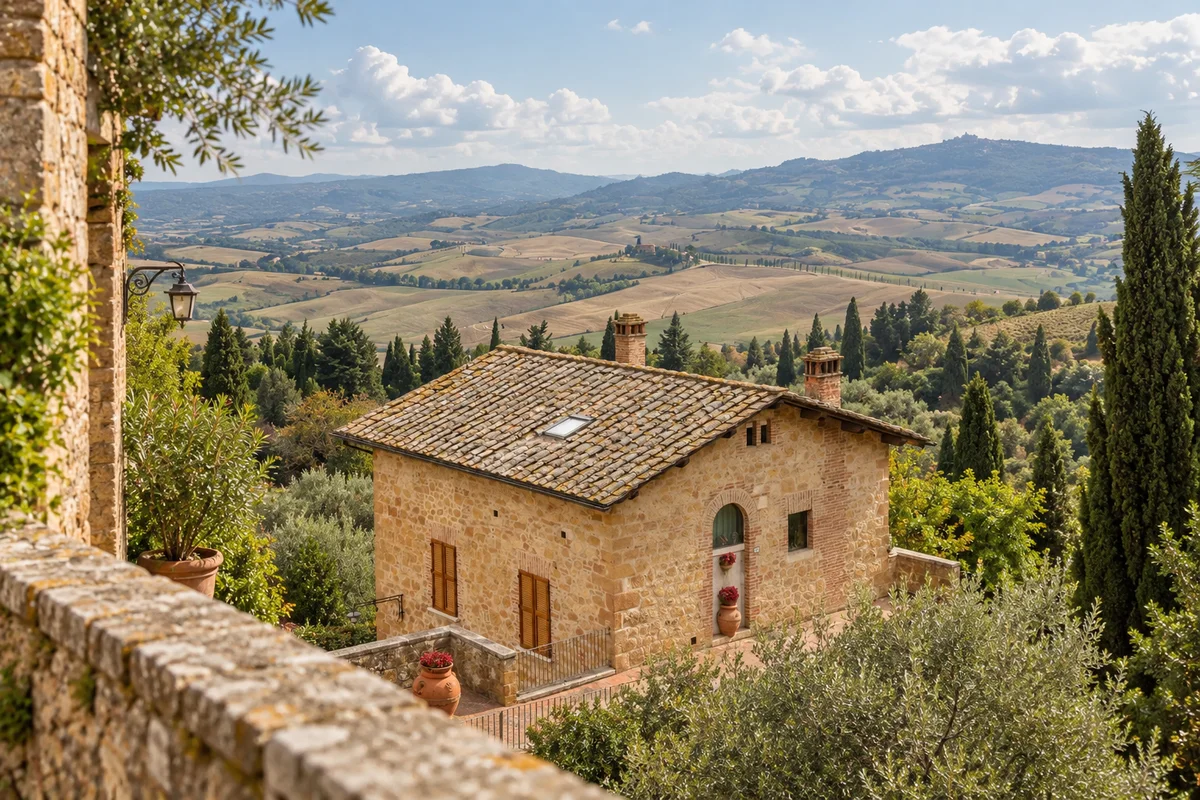 Vineyards and a cypress-lined lane beneath the towers of San Gimignano