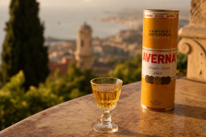 Amaro Averna bottle with Sicilian landscape
