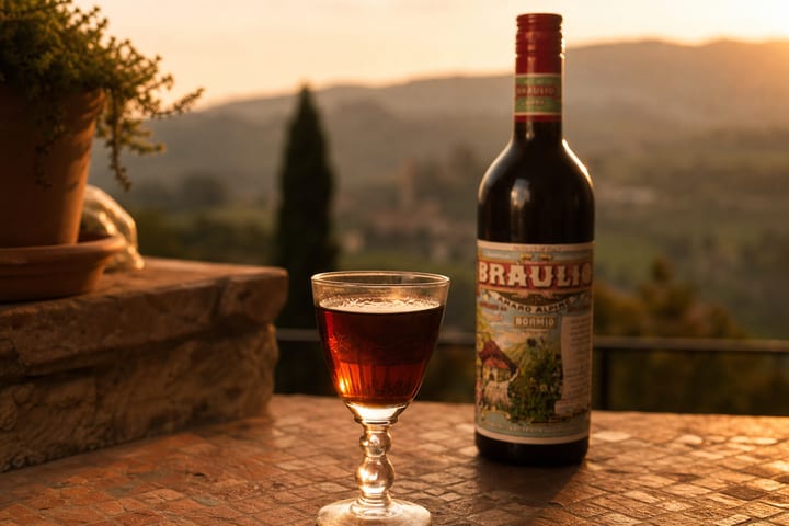 Amaro Braulio bottle with alpine landscape