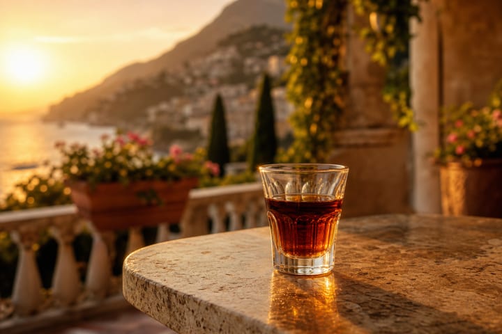 Amaro del Capo bottle with Calabrian landscape