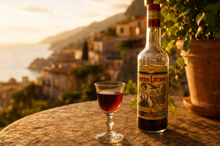 Amaro Lucano bottle with Basilicata landscape