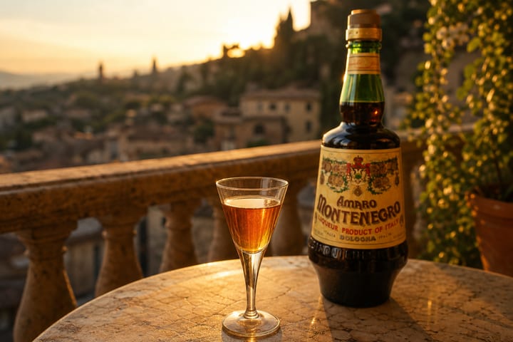 Amaro Montenegro bottle with Emilian landscape