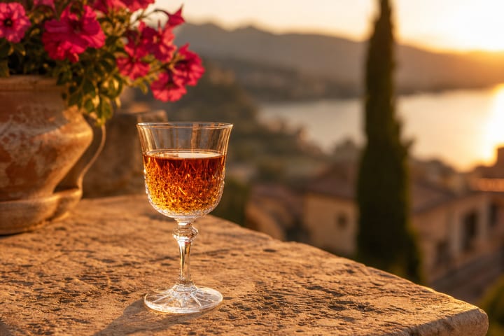 Amaro Nonino Quintessentia bottle with Friuli landscape