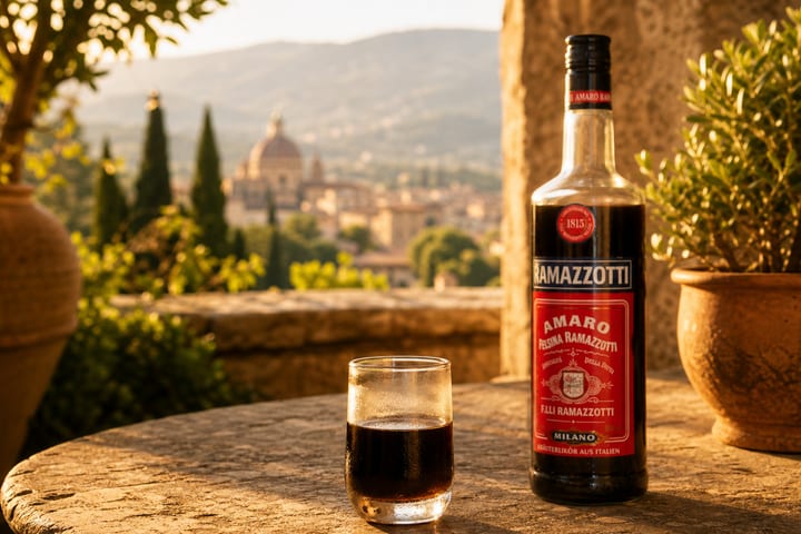 Amaro Ramazzotti bottle with Milanese background