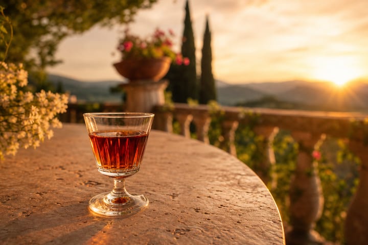 Amaro Sfumato Rabarbaro bottle with Trentino landscape