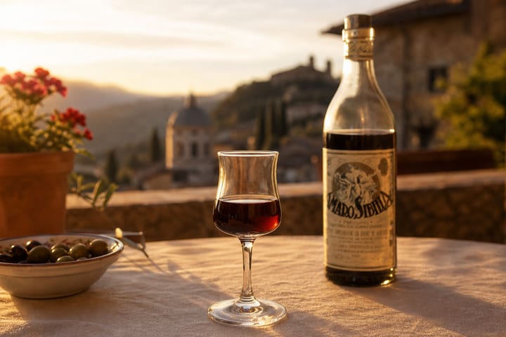Amaro Sibilla bottle with Marche landscape