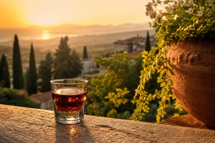 Amaro Tosolini bottle with Friuli landscape