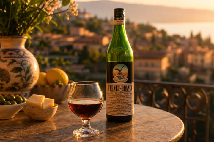 Fernet Branca bottle with Milanese background