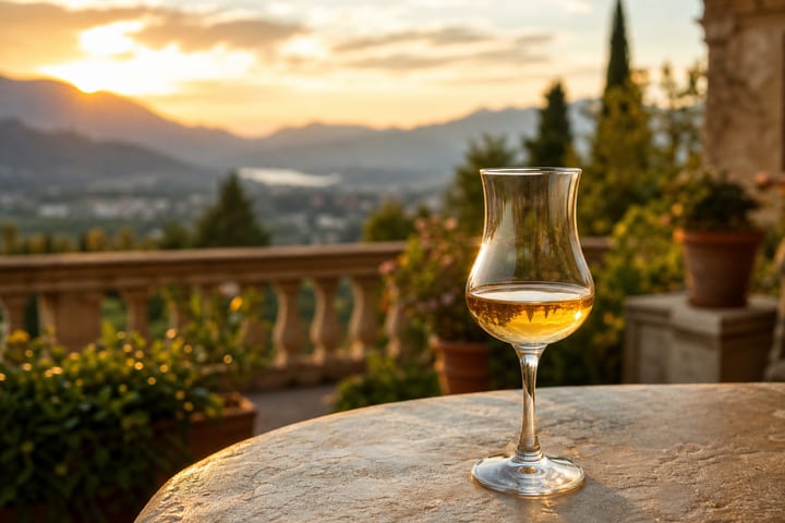 Grappa del Trentino bottle with alpine background
