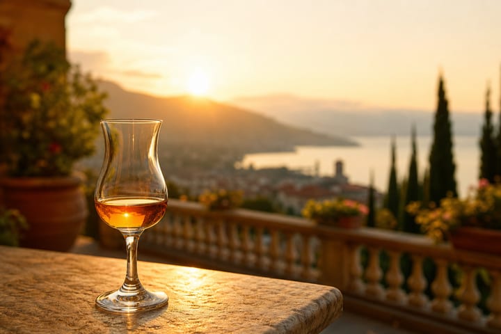 Grappa di Amarone bottle with Amarone wine in background