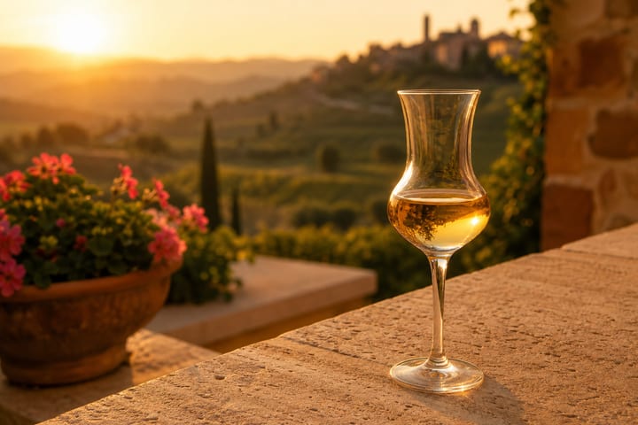 Grappa di Barolo bottle with Barolo wine in background