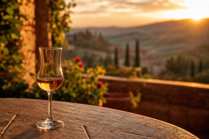 Grappa di Brunello bottle with Brunello wine in background