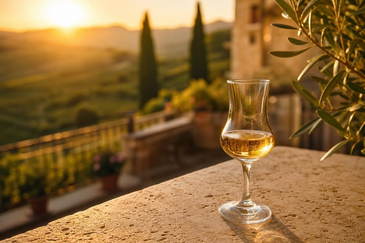 Grappa di Moscato bottle with Moscato grapes