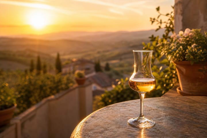 Grappa Friulana bottle with Friuli landscape
