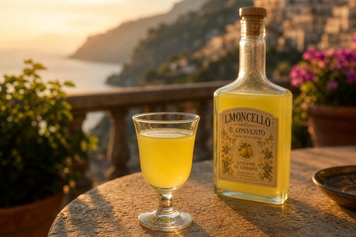 Limoncello bottle with Amalfi Coast lemons