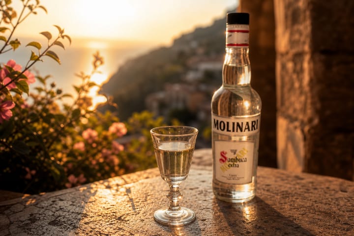 Sambuca Molinari bottle with coffee beans
