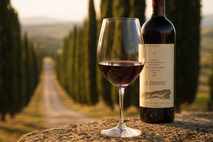 Bolgheri red wine on the cypress avenue