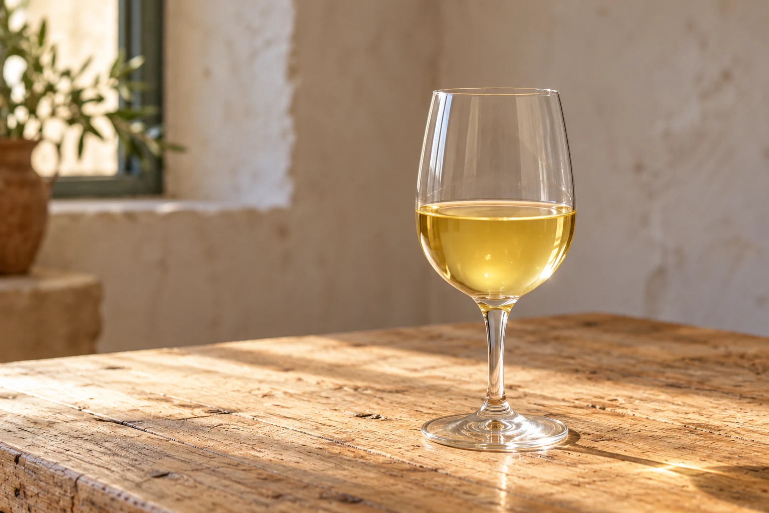 Straw-gold white wine in a clear stemmed glass on a wooden table