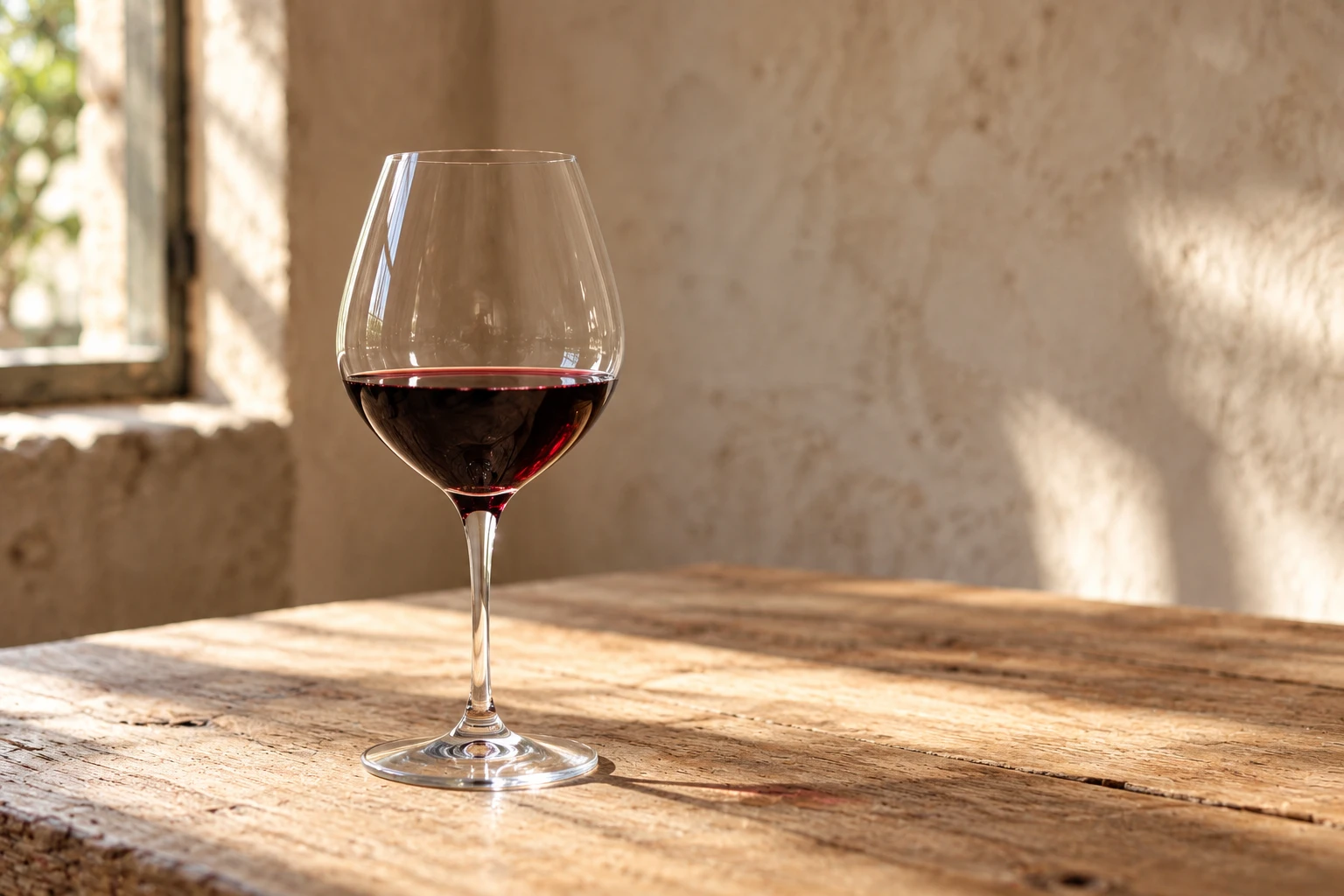 Deep ruby-red wine in a clear stemmed glass on a wooden table