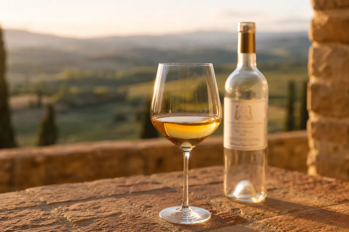 Amber wine in a stemmed glass beside a bottle on a stone terrace