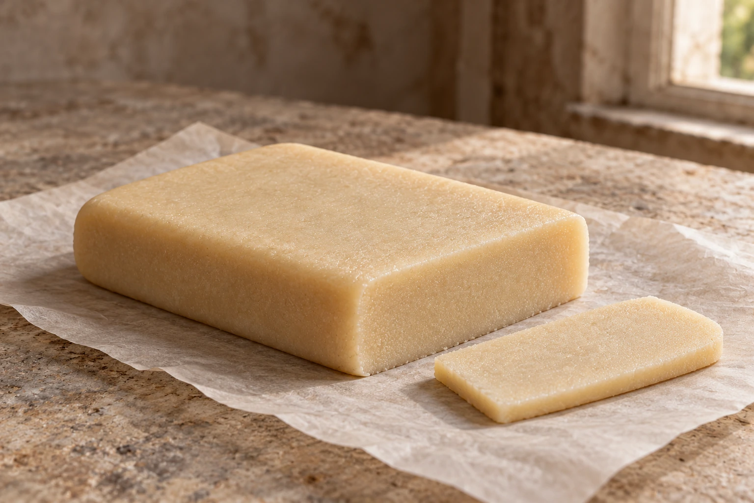 A pale ivory block of plain almond marzipan with a thin piece on parchment.