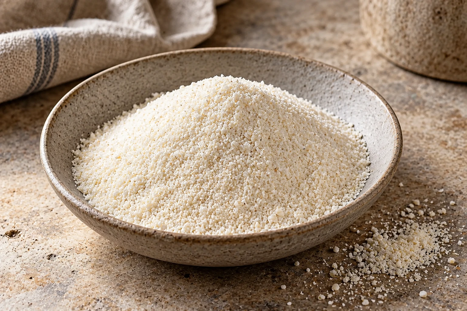 Dry white polenta cornmeal in a shallow ceramic bowl.