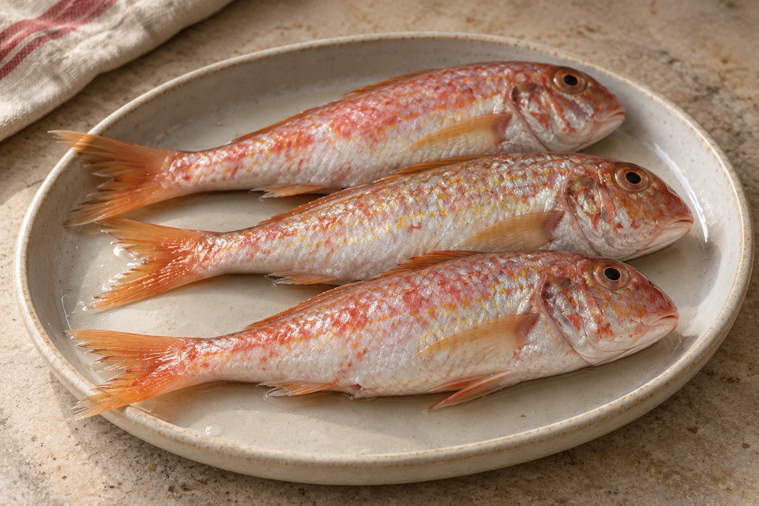 Three raw whole red mullet resting on a pale ceramic tray.