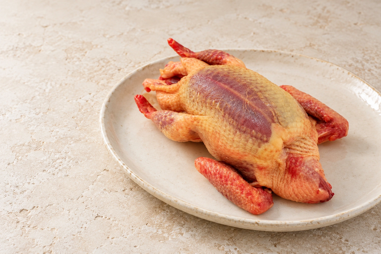 Raw plucked farmed pigeon, ready for cooking, on a ceramic plate.