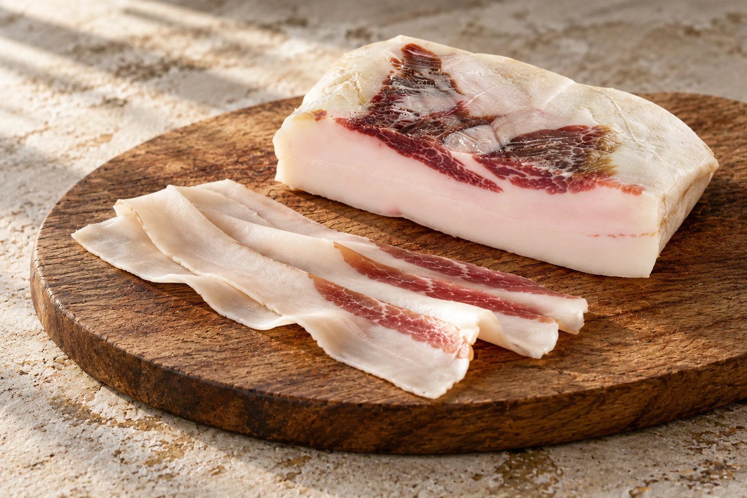 Un pezzo chiaro di lardo stagionato con una venatura di carne più scura e fette sottili su un tagliere rotondo.