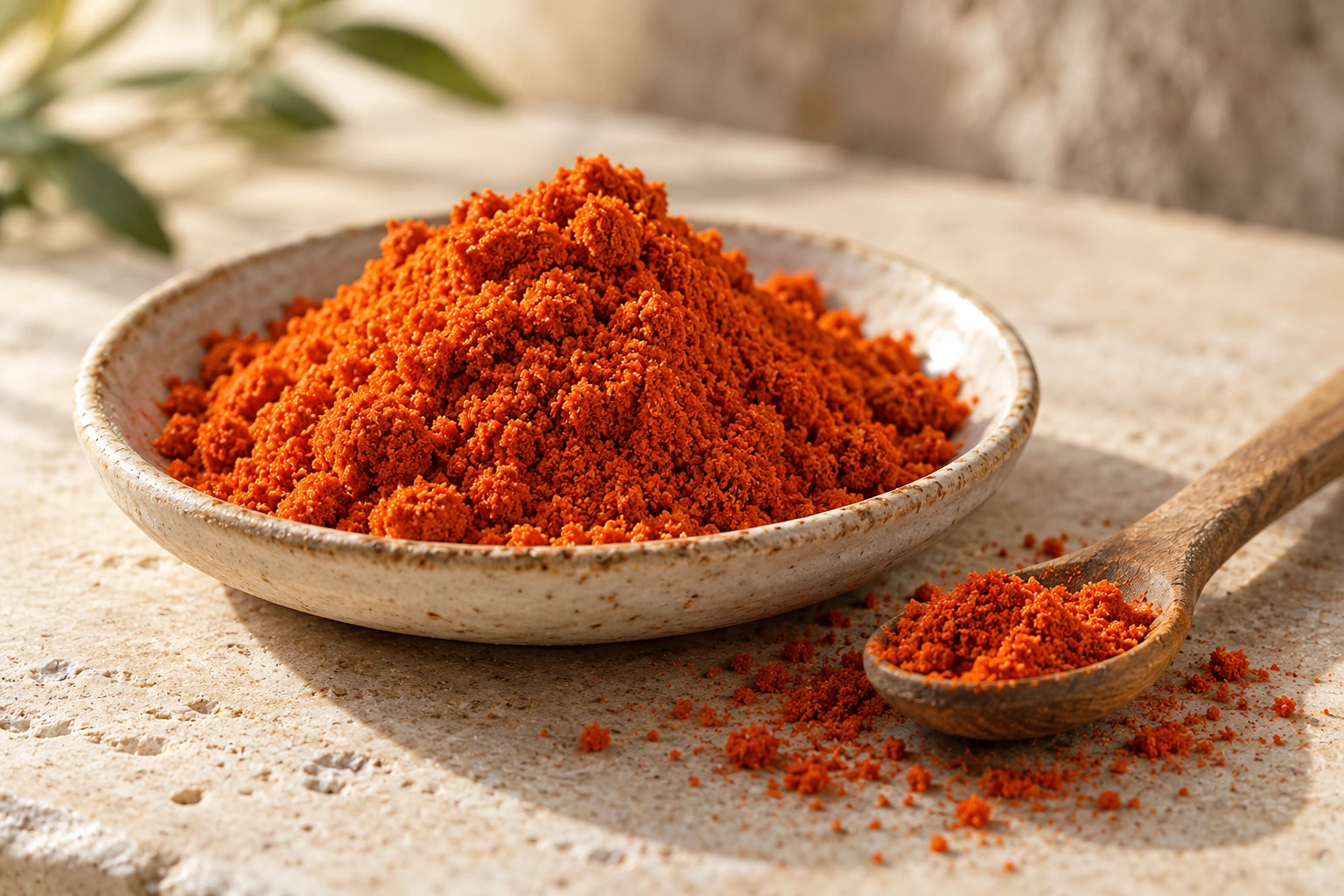 Paprika rosso-arancio macinata finemente in un piatto di ceramica, accanto a un cucchiaio di legno appoggiato.