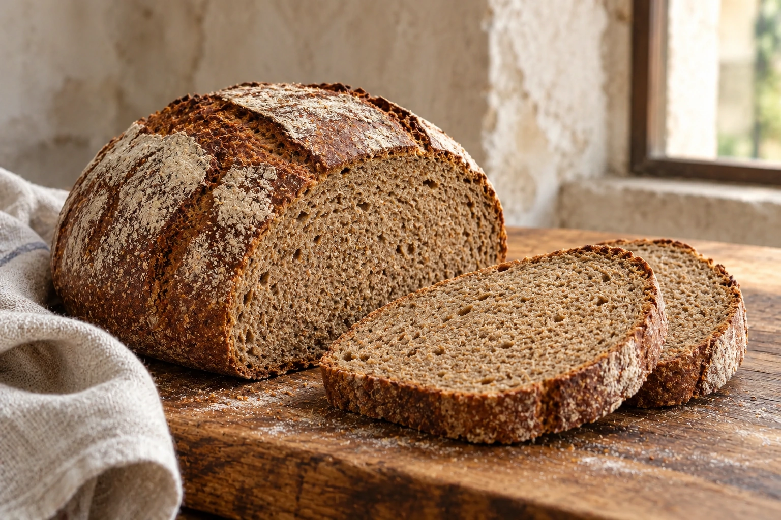 A plain round rye loaf and slices showing dense finely porous crumb.