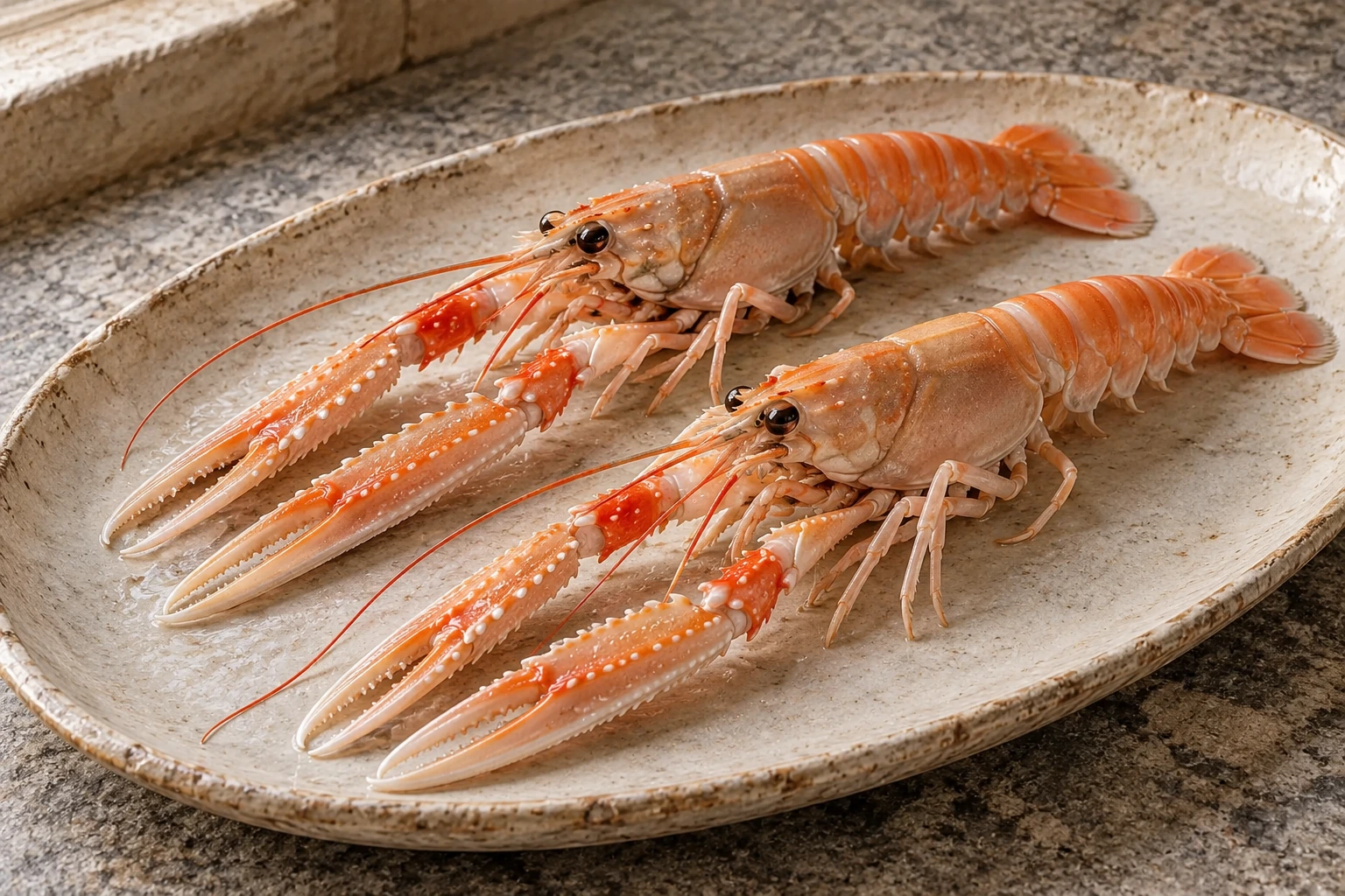 Due scampi interi crudi con lunghe chele sottili su un vassoio di ceramica.