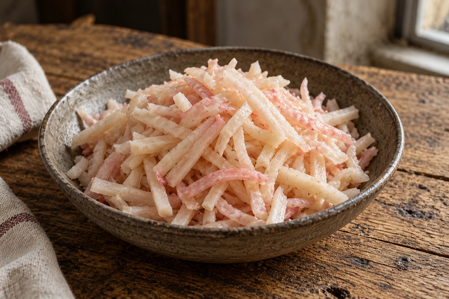 Striscioline di brovada fermentata rosa pallido e avorio in una ciotola di ceramica.