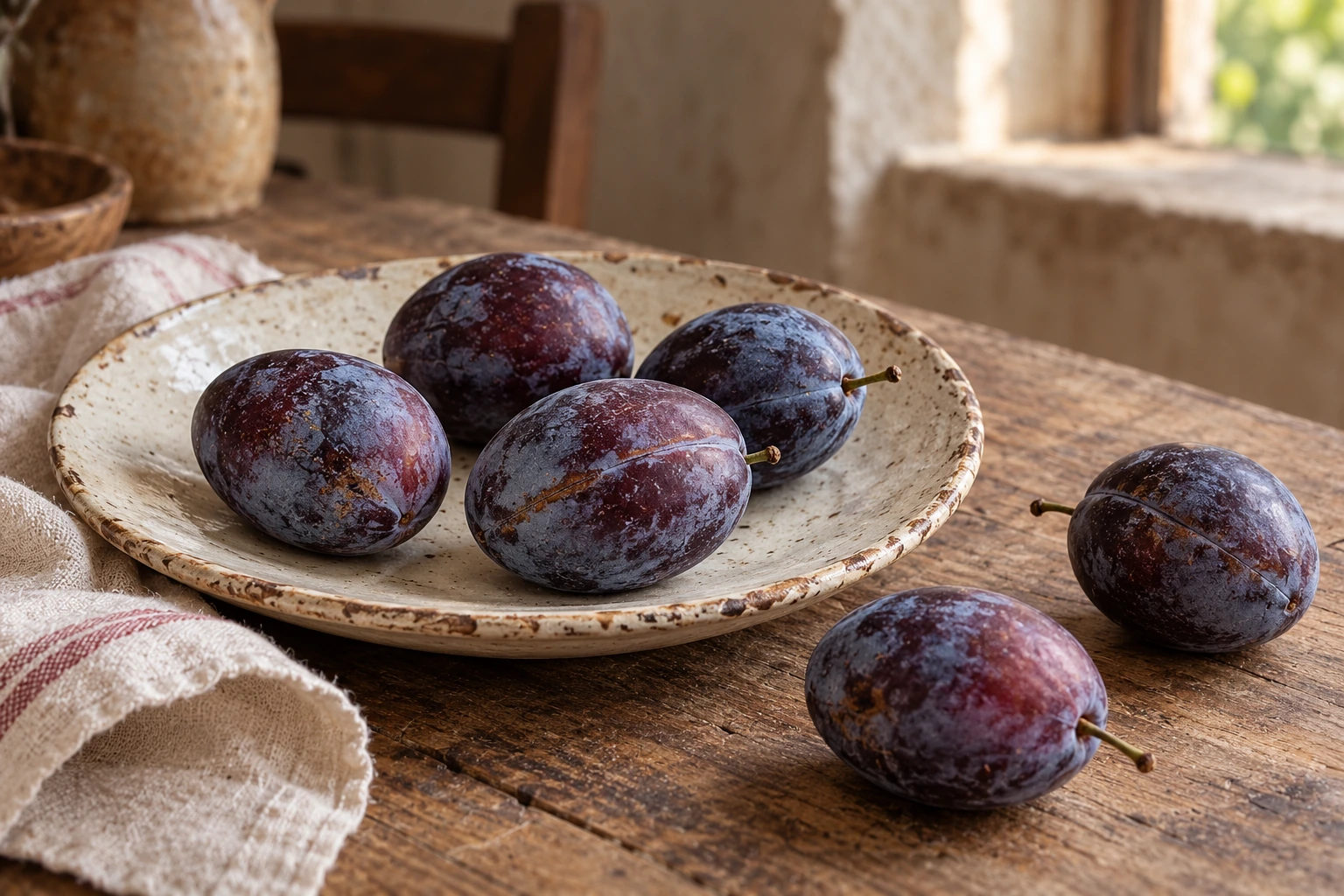 Whole purple plums with a natural powdery bloom on a cream plate.