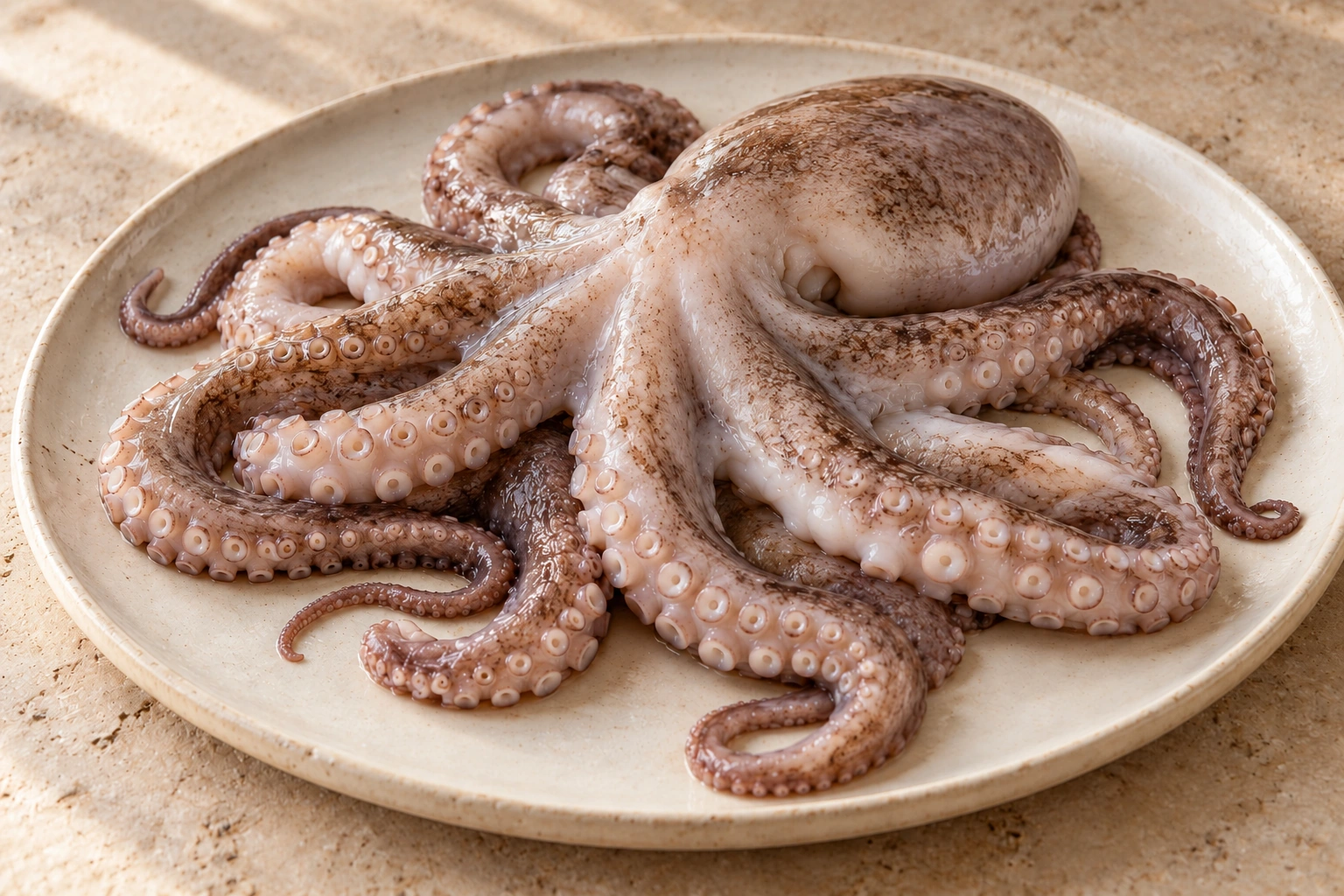 Un polpo crudo pulito, con pelle marezzata e ventose su due file, su un piatto di ceramica.