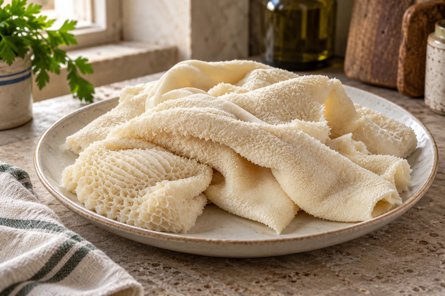 Pale folded pieces of cleaned pre-boiled beef tripe on a shallow platter.